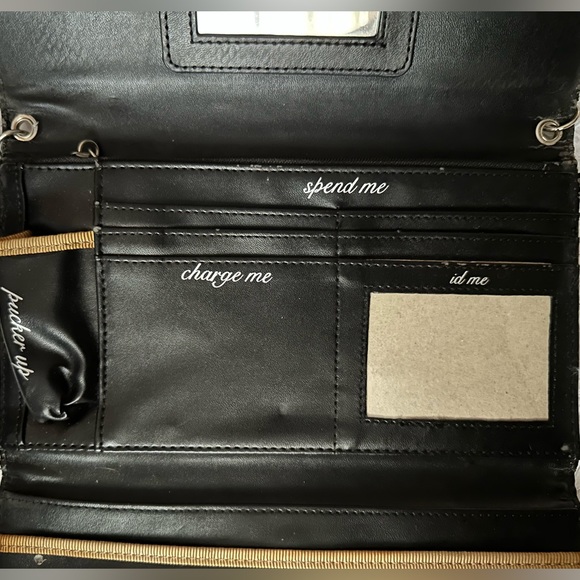 Tan & Blk Textured Leather Clutch w/Fun Interior Phrases & Button Closure - Picture 6 of 6